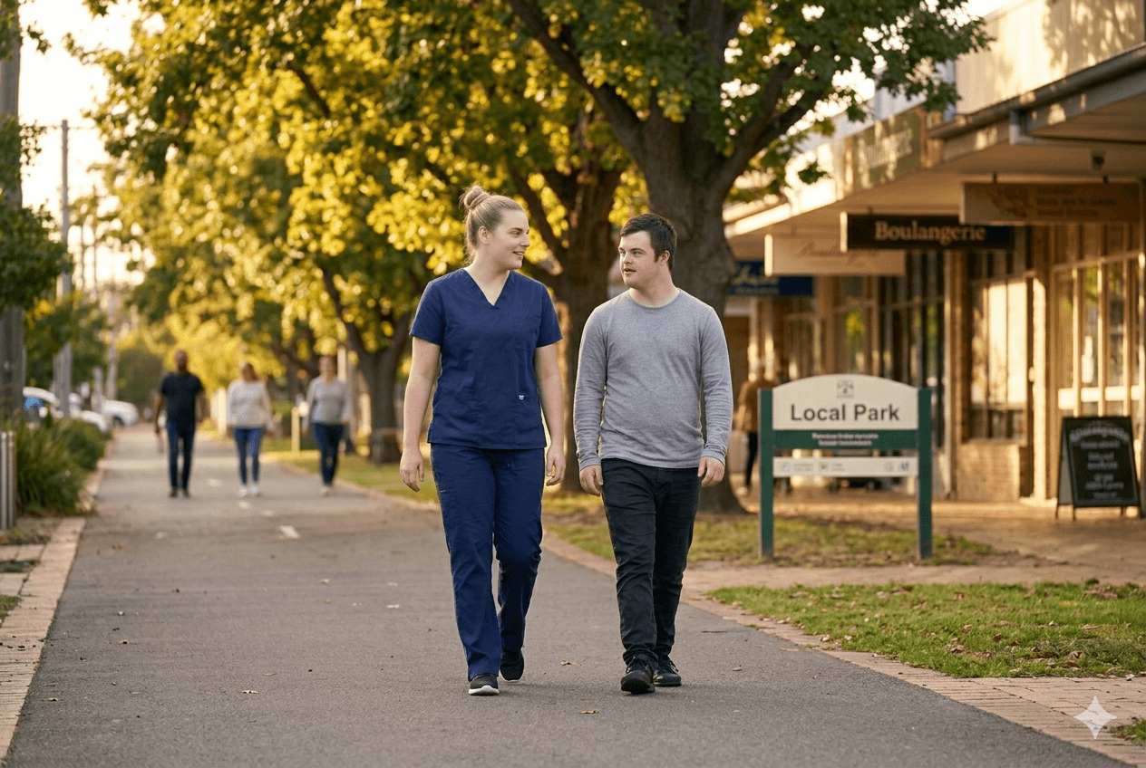 NAA support worker with participant in community setting
